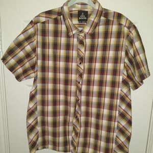 Prana Plaid Short Sleeve Pearl Snap Button Up Shirt Men's sz Large